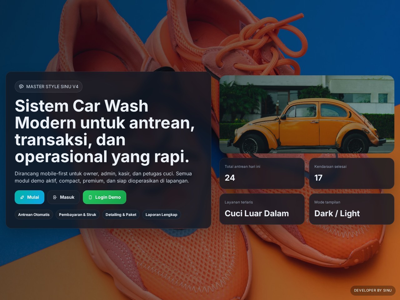 Sistem Car Wash Modern untuk antrean, transaksi, dan operasional yang rapi.